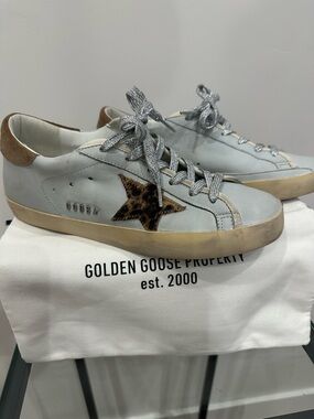 Golden Goose Grey Dawn Sneakers with Leopard Star and Silver Laces